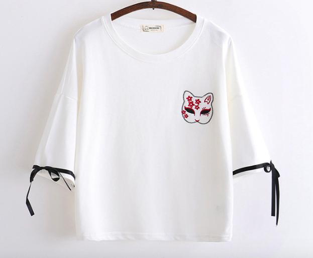 Áo thun nữ tay ngắn crop top thêu hình mặt nạ cáo thắt dây 2 bên ltta3264 beautysales