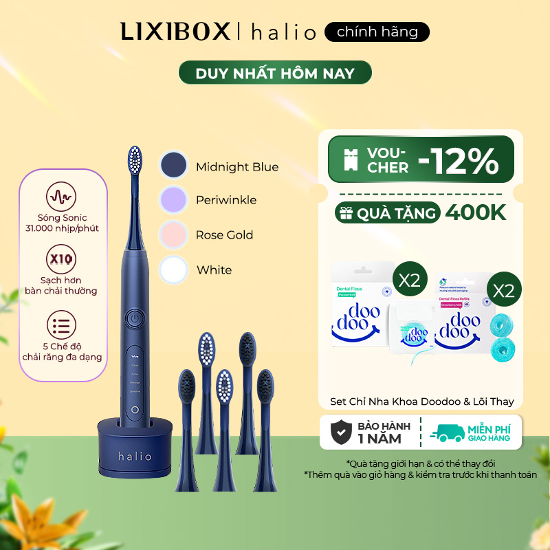 Combo bàn chải đánh răng điện halio toothbrush - midnight blue & 2 set đầu bàn chải thay thế