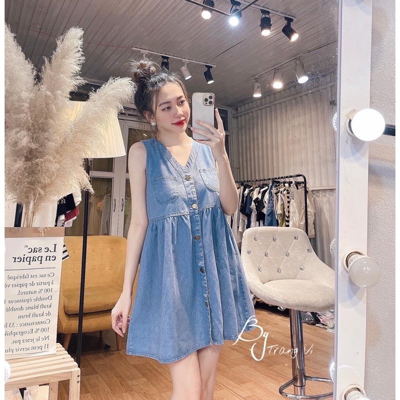 Đầm váy jeans cổ v dáng xòe 3 lỗ cúc giả babyol - váy bò bbd sát nác dáng rộng ảnh thật