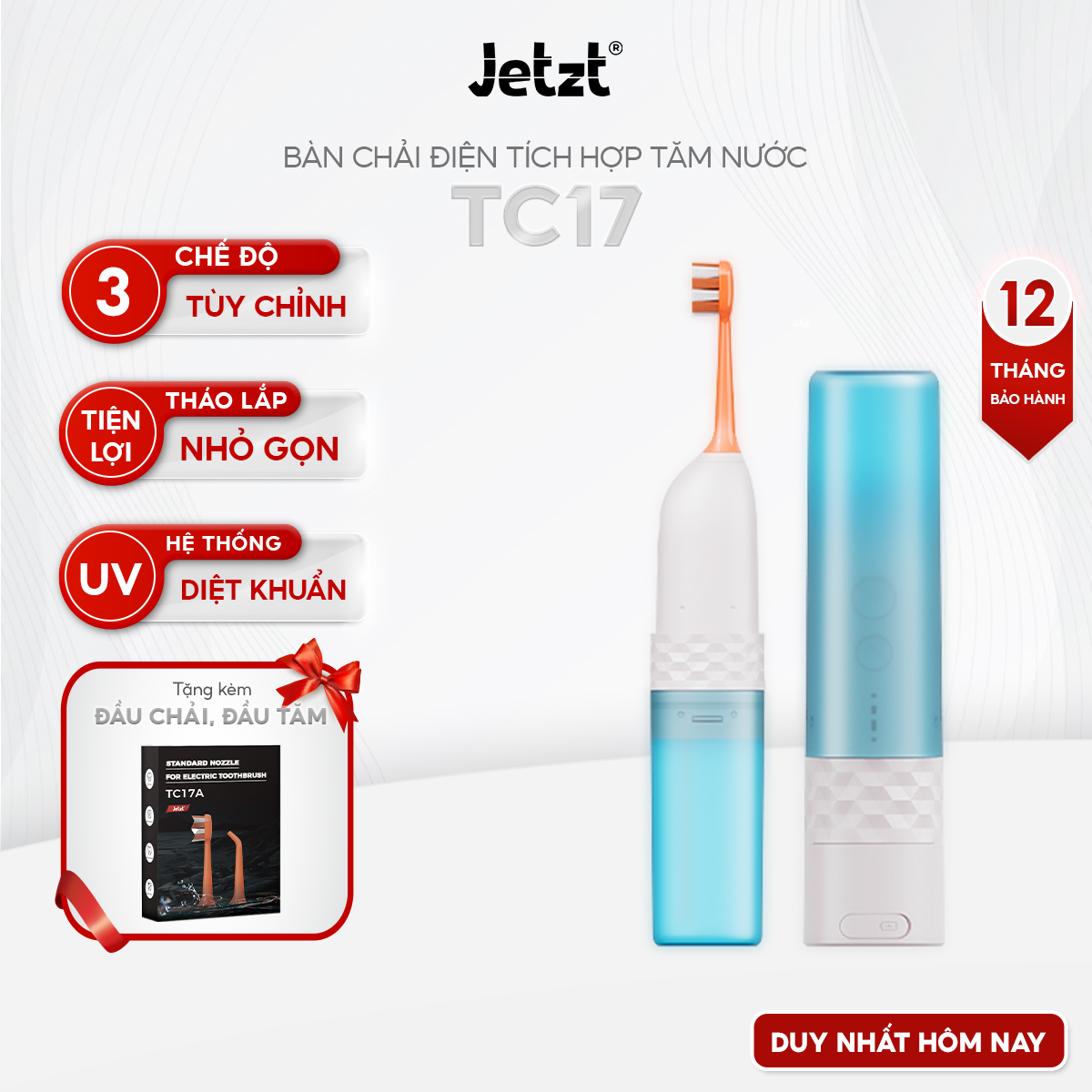 Bàn chải điện tích hợp tăm nước Jetzt TC17 nhỏ gọn 2 trong 1 - 3 chế độ làm sạch, công nghệ sóng âm hiện đại - hàng chính hãng, bảo hành 1 năm