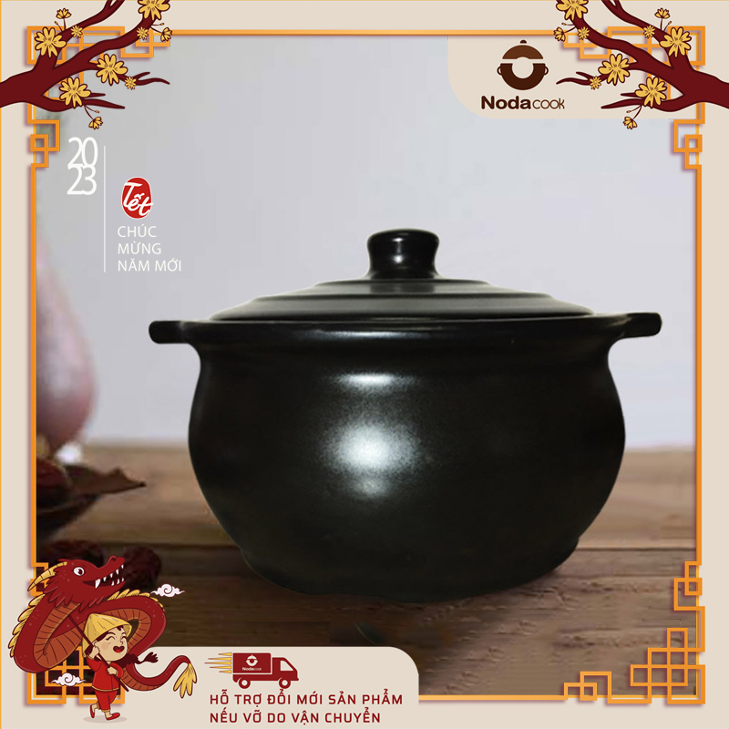 Nồi đất tráng men NodaCook 3 lít (Đen) - Nấu bếp lửa bếp Gas/ Bếp than củi/ Bếp hồng ngoại