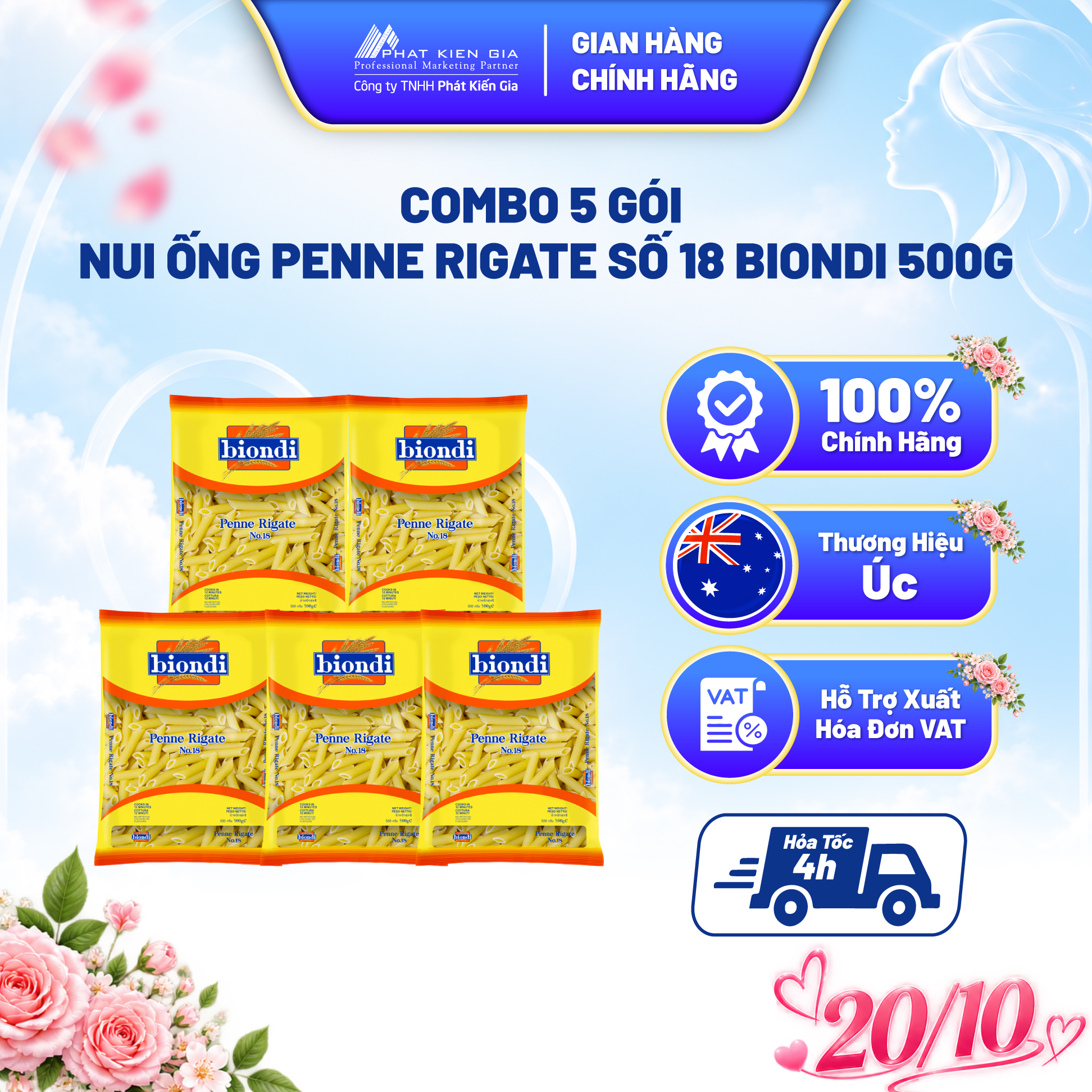 COMBO 5 Gói Nui Ống Penne Rigate Số 18 Biondi 500g | Biondi Penne Rigate No.18 500g