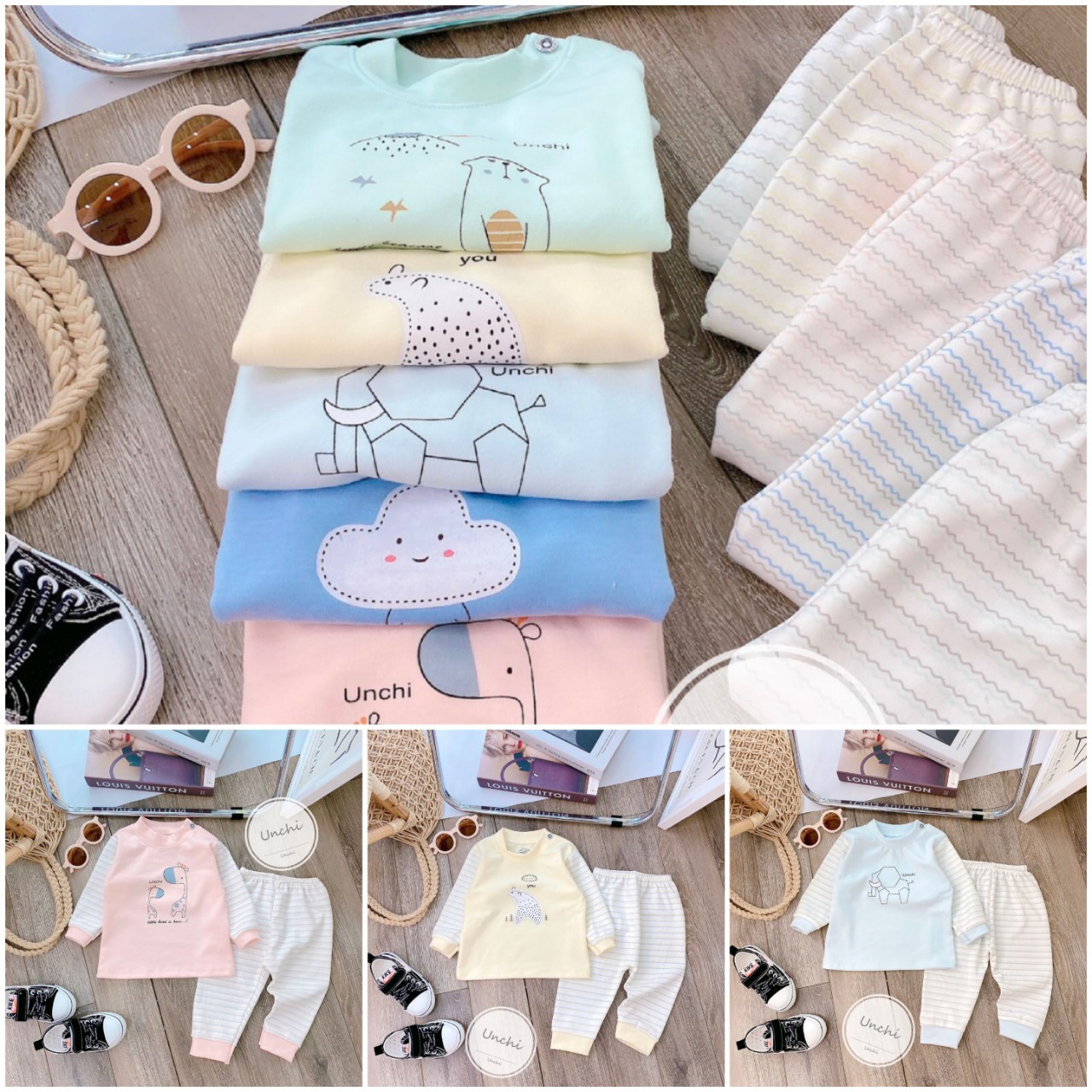Bộ cotton nỉ Unchi dày dặn tay kẻ hình thú dễ thương cổ tròn chui đầu cúc vai quần kẻ cho bé sơ sinh - 16kg