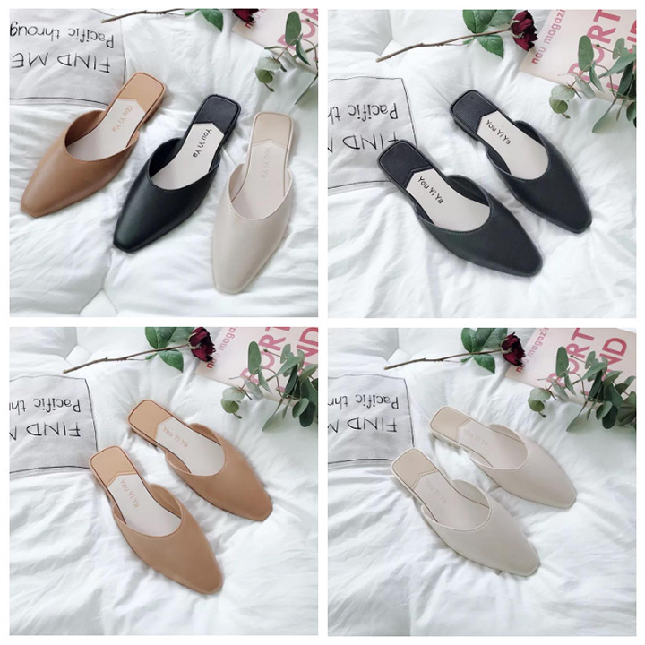 Dép mules nữ dép lê không quai đế cao su cute đi học mũi nhọn đế bằng thời trang - gcg27