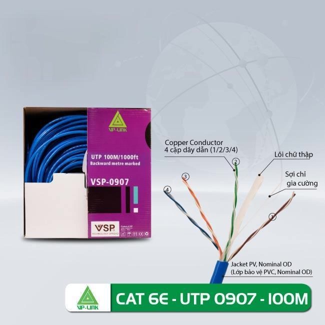 Cáp mạng vplink cat6e utp vsp 0907 cuộn 100 mét lõi chữ thập có dây du trợ lực