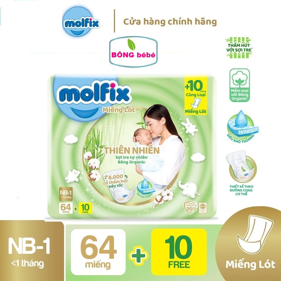 Miếng lót sơ sinh organic Molfix Newborn1 (dưới 1 tháng tuổi) - Gói 64+10 miếng