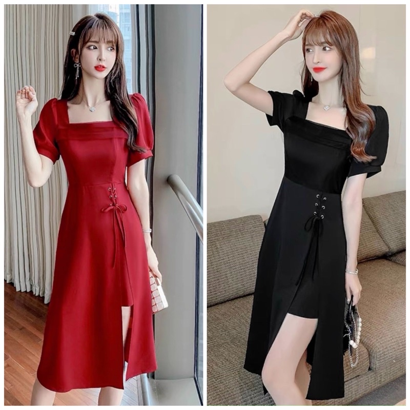 Đầm cổ vuông tùng đan dây 2 màu