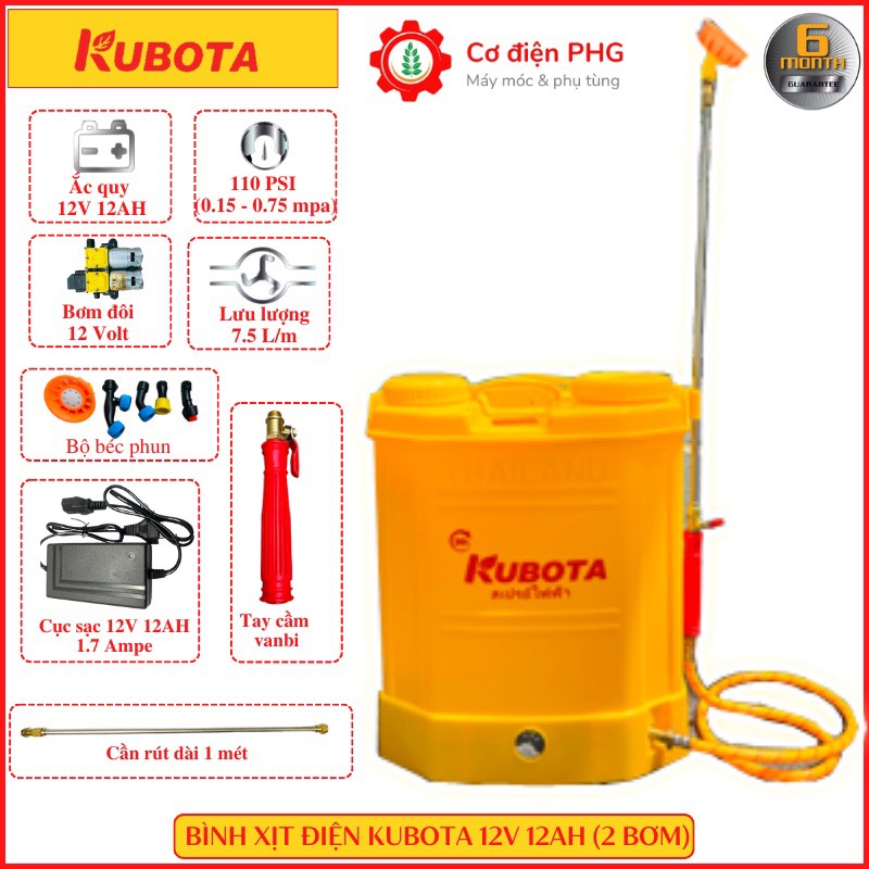 Bình phun xịt điện KUBOTA 20 Lít đeo lưng chế độ 2 bơm áp mạnh dùng phun khử khuẩn, trử sâu và tưới nước
