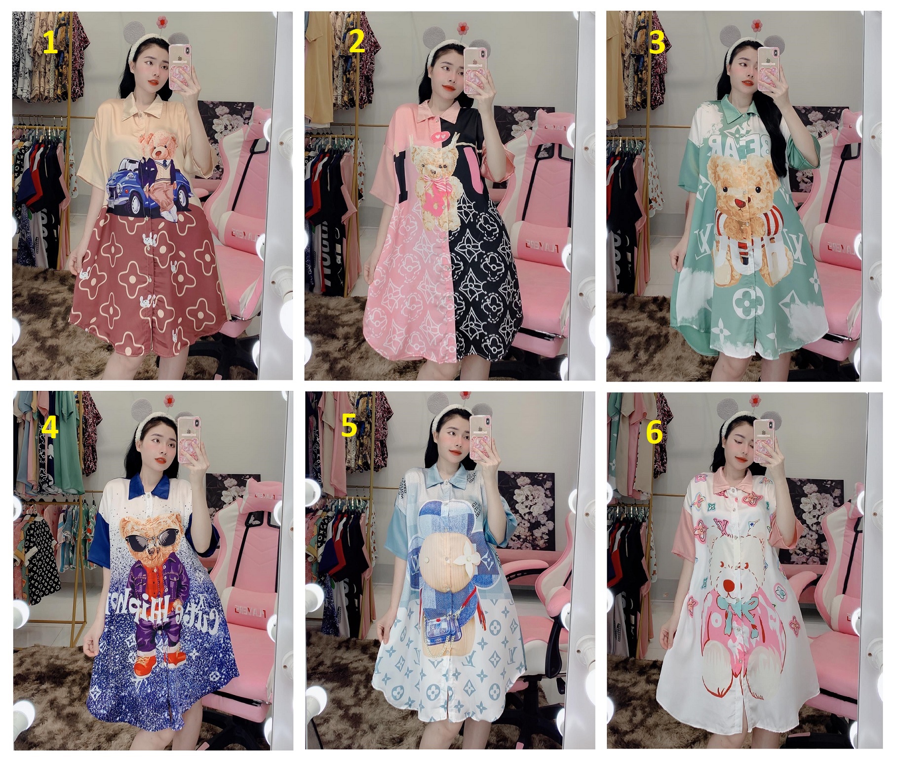 Đầm ngủ lụa satin - cổ sơ mi