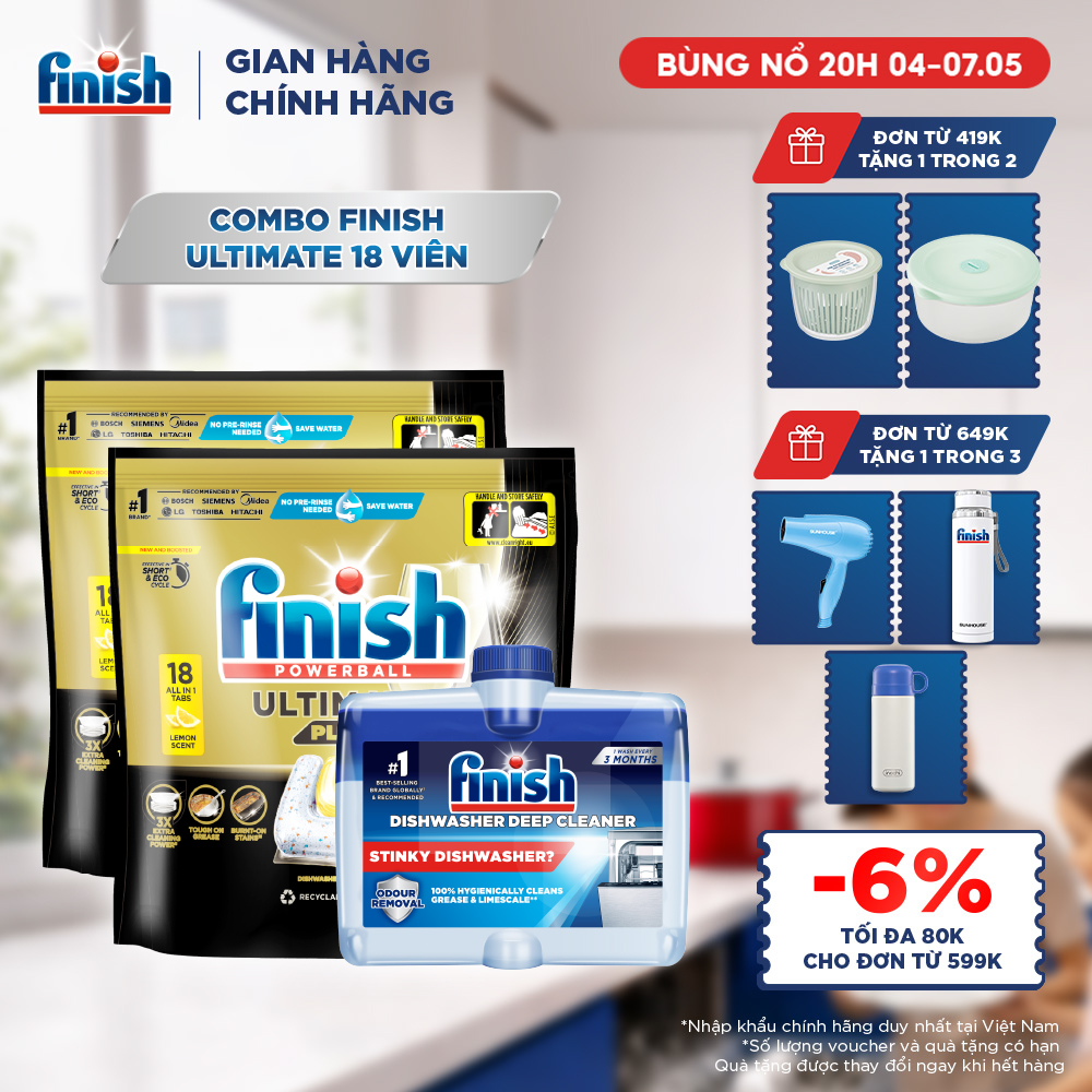 Combo 2 Túi Rửa Chén Bát Finish Powerball Ultimate Plus Intensive Lemon Sparkle 18 Viên + Dung Dịch Vệ Sinh Máy Finish 250ml