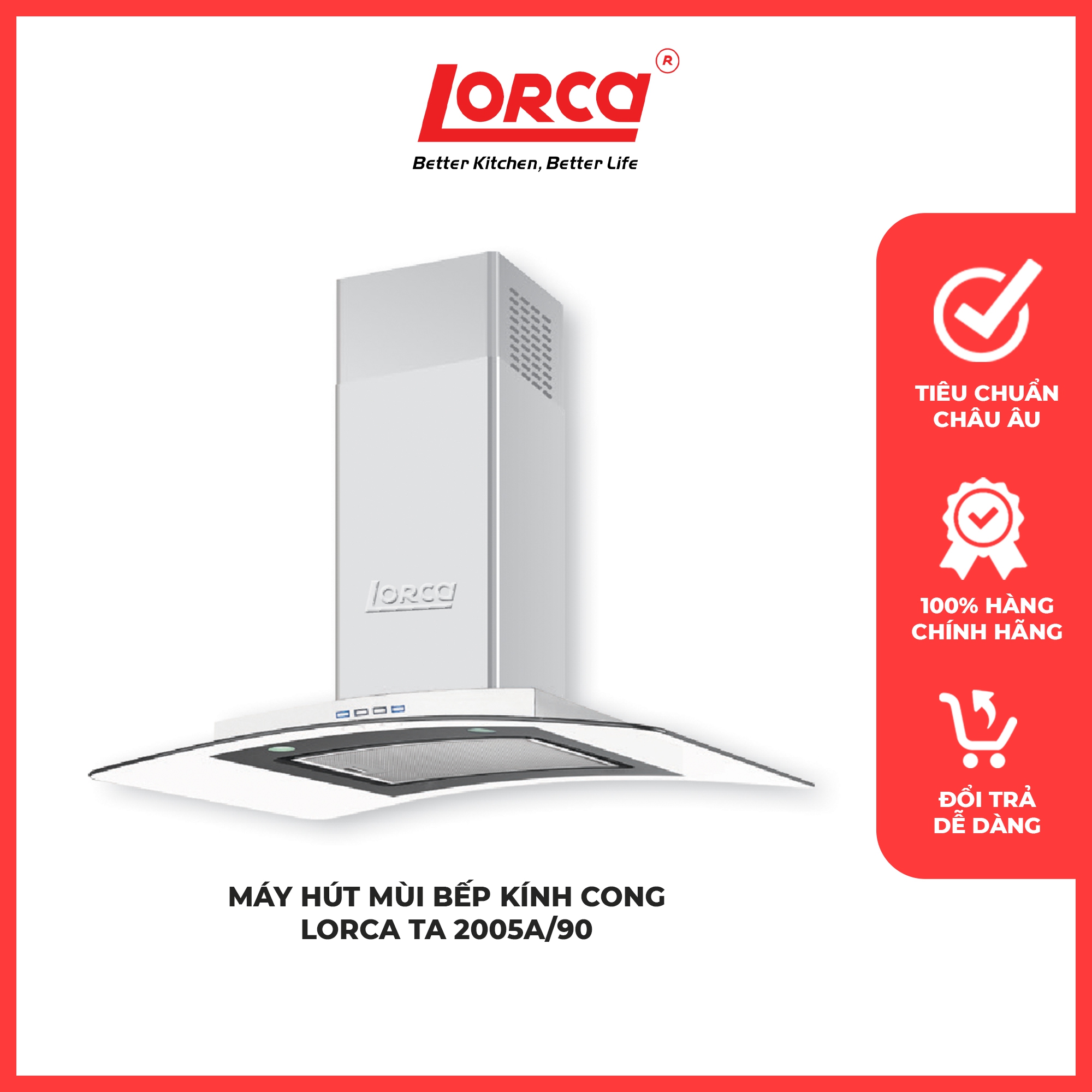 [FREESHIP] Máy Hút Mùi Bếp Kính Cong Lorca TA 2005A/90 Thiết Kế Sang Trọng, Không Gây Tiếng Ồn, Mang Lại Không Khí Sạch Sẽ Và Thoáng Mát, Sạch Dầu Mỡ Khi Đun Nấu LC46 - Lorca