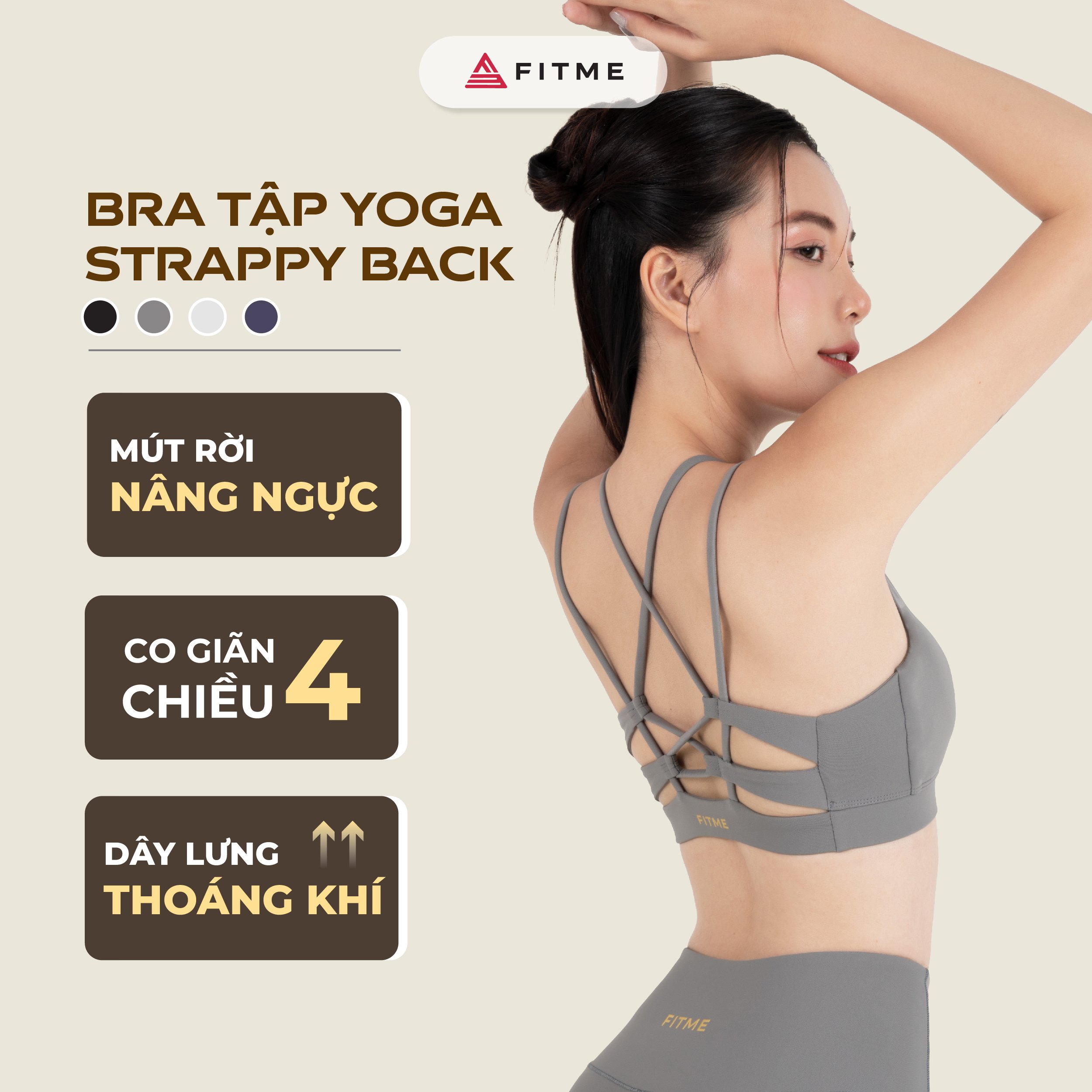 Áo bra tập gym yoga nữ Fitme Flow thể thao dây chéo có mút chống sốc nâng ngực Strappy Back - BRSB