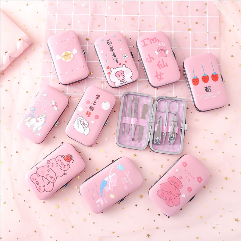 Bộ Dụng Cụ Cắt Móng Tay, Móng Chân 7 Món Mini Tiện Dụng, Bộ bấm móng 7 món kèm hộp đựng màu hồng siêu dễ thương