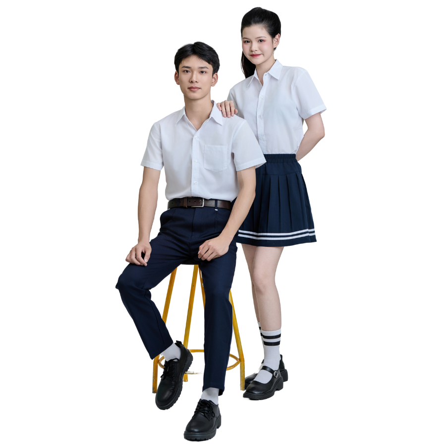 Áo sơ mi trắng học sinh cấp 3 thương hiệu FMF chất Poly siêu mát bền màu áo sơ mi nam ngắn tay, áo sơ mi trắng nữ