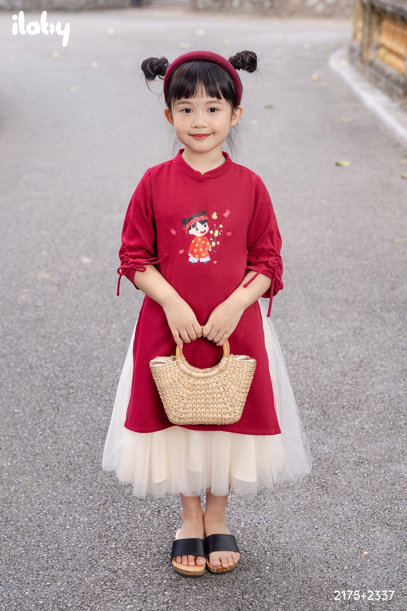 Áo dài bé gái ILABY in hình cô gái chất liệu áo nhung tăm, chân váy tutu 3 lớp (ÁO - CHÂN VÁY BÁN RỜI) [14IGM3FT2175]