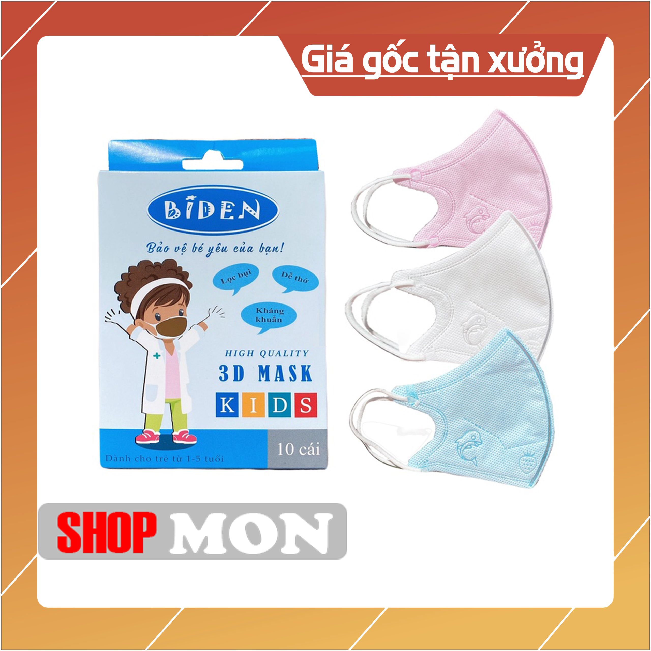 Khẩu Trang Trẻ Em Từ 1 Đến 5 Tuổi BIDEN 3D Mask Kids '' Hộp 10 chiếc '' chính hãng cty Cửu long.