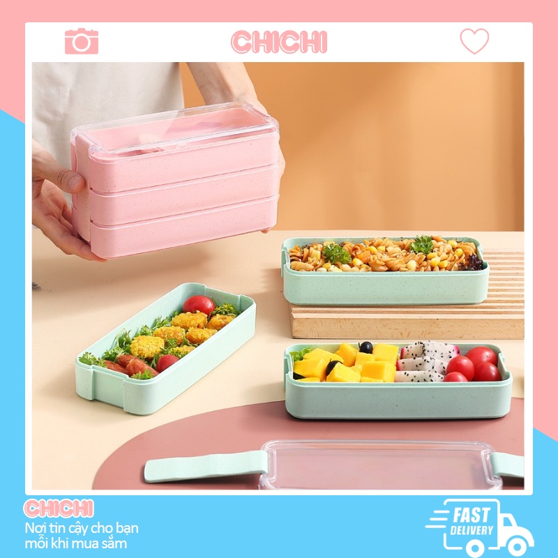 Hộp đựng cơm lúa mạch 3 tầng giữ nhiệt tặng kèm muỗng đũa nĩa văn phòng cao cấp Chichi HC04