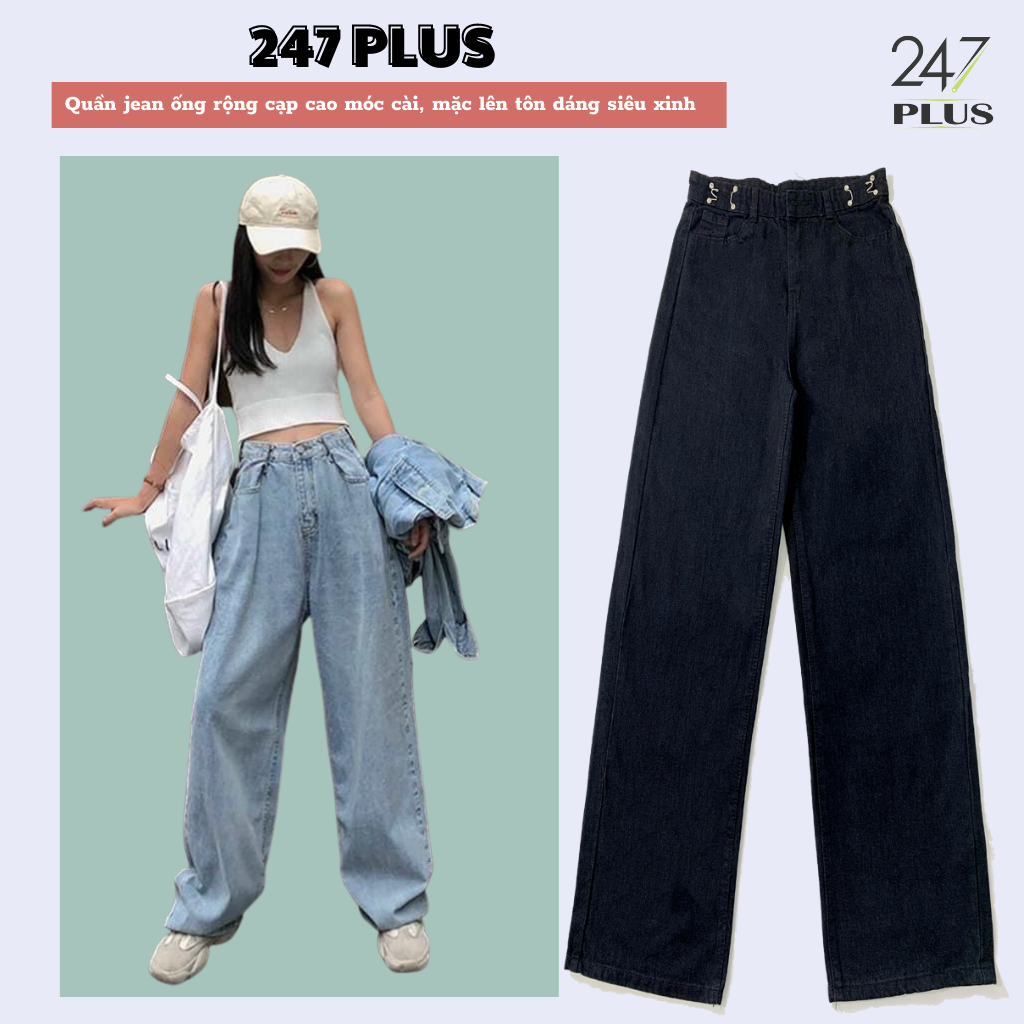 Quần jean ống rộng cạp cao móc cài, mặc lên tôn dáng siêu xinh