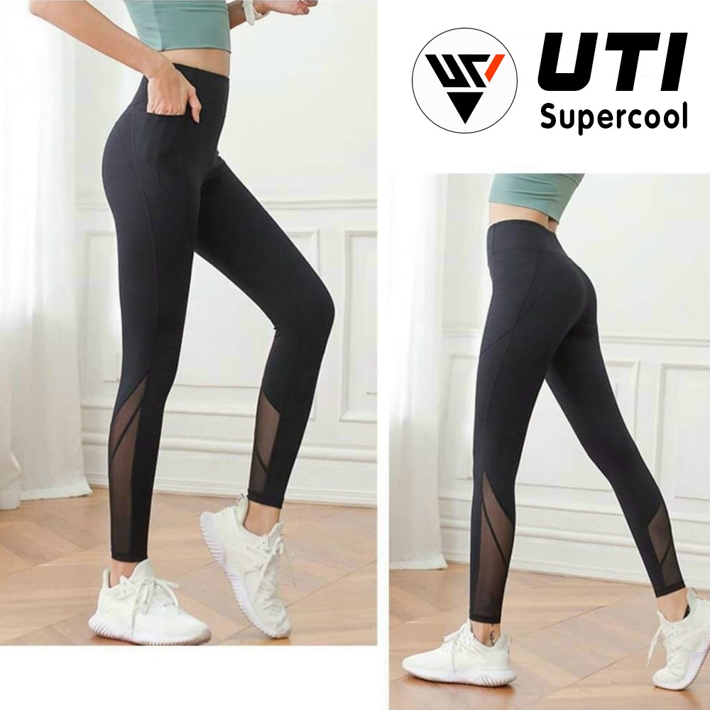 Quần nữ tập gym thun lạnh - quần dài tập thể thao nữ phối lưới - uti