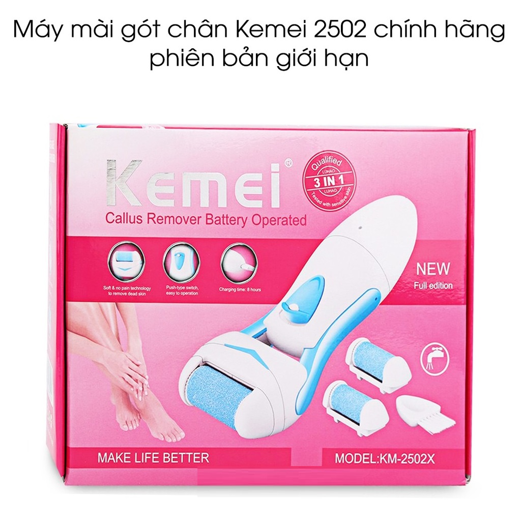 Máy chà gót, tẩy tế bào chết gót chân - Máy tẩy tế bao gót chân Giúp cho đôi gót hồng thêm mịn màng Máy mài gót chân máy chà gót chân tẩy tế bào chết kemei KM 2502 tích điện kèm 02 đầu mài dư phòng, an toàn cho da mà lại rất hiệu quả