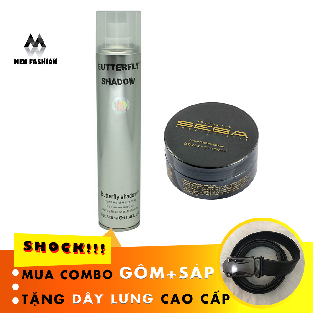 Combo gôm + sáp seba keo xịt tóc butterly shadow - gôm xịt tóc -keo vuốt tóc- sáp vuốt tóc nam nữ, gôm xịt tóc tạo kiểu chuyên nghiệp cho nam nữ 320ml- tạo cứng, không bóng- tặng dây lưng cao cấp