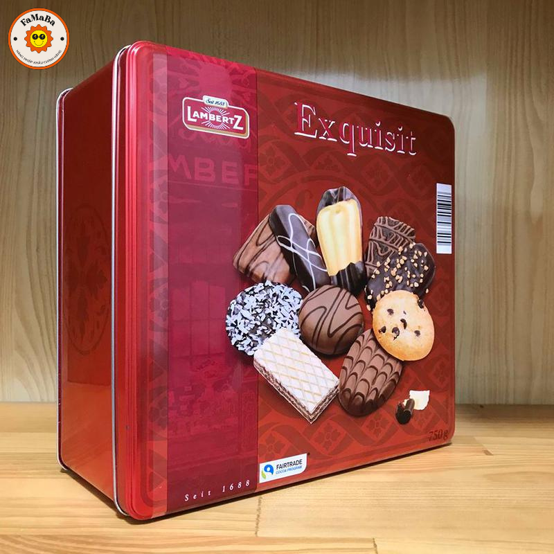 Bánh Quy Bơ Exquisit Lambertz 750g của Đức Hộp Thiếc Vàng Đỏ