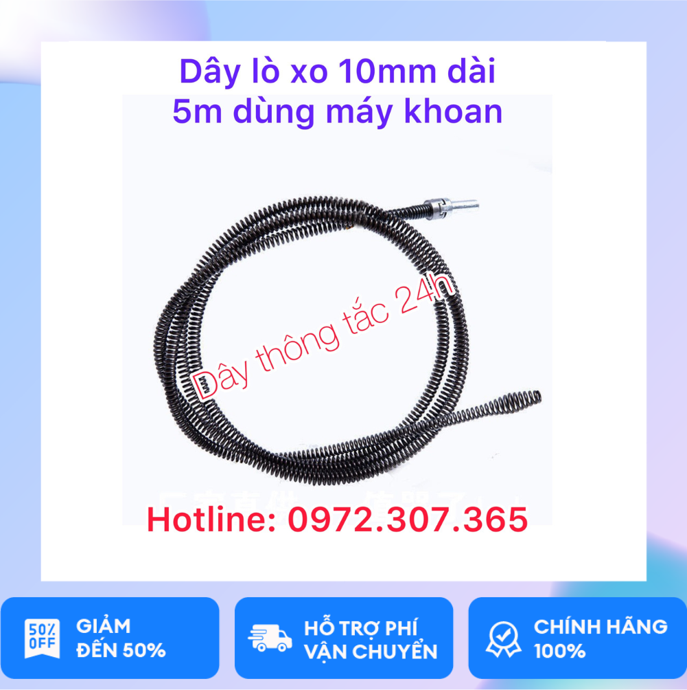 Dây thông tắc cống lò xo đường kính phi 10mm, dây thông nghẹt cống dùng cho máy khoan dài 5m dây lò xo + 1 đầu kết nối máy khoan