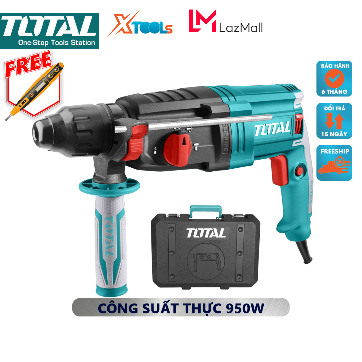 Máy khoan búa total th309288 | máy khoan cầm tay công suất 950w tốc độ không tải 0-1050 vòng / phút tốc độ tác động 0-4670bpm vặn vít, đục tường, khoan bê tông