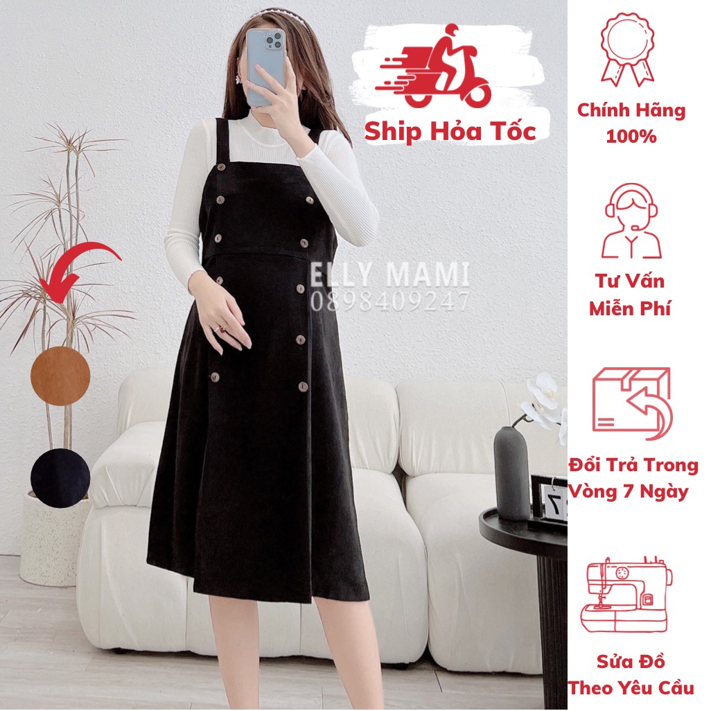 Set yếm bầu , suông cổ vuông cúc mặc thoải mái suốt thai kì & sau sinh