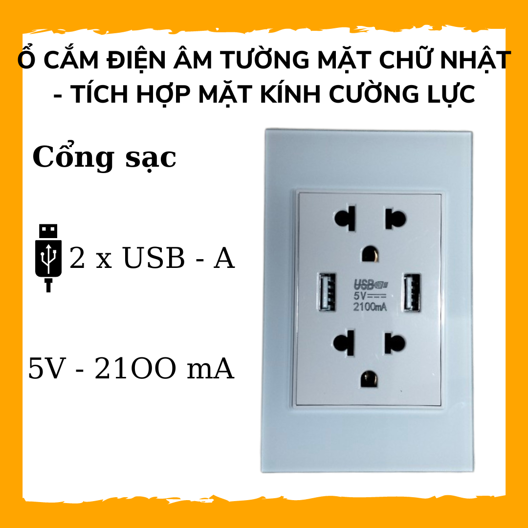 Ổ cắm điện mặt nhựa công suất cao, 16a, ổ cắm điện âm tường hình chữ nhật đa năng 2 ổ cắm +2 cổng usb