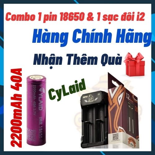 Pin cylaid 18650 tím. combo 1 pin tím & 1 sạc đôi cylaid i2 sạc aaa cylaid freeship chính hãng 40a 2200mah
