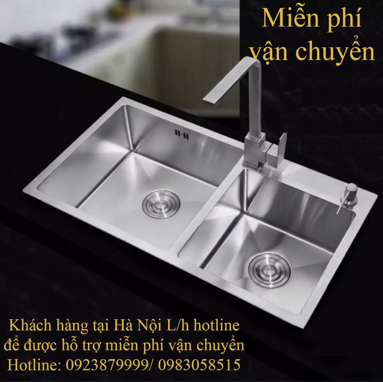 Combo chậu rửa bát inox 304 đúc nguyên khối 2 hố lệch + vòi rửa bát nóng lạnh inox 304
