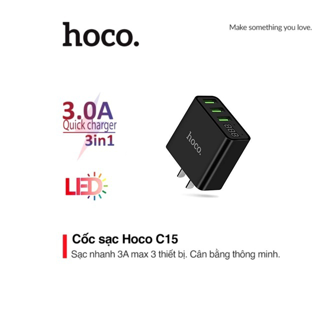 Củ sạc nhanh 3A Hoco C15 chuôi dẹt chất liệu PC chống cháy trang bị 3 cổng Usb tích hợp đèn Led sạc nhiều thiết bị