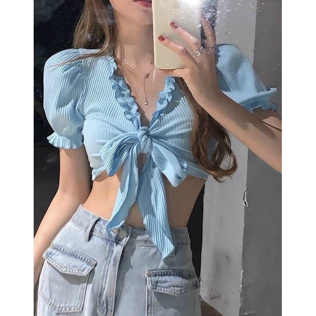 Áo croptop bèo cột nơ ngực mặc 2 kiểu