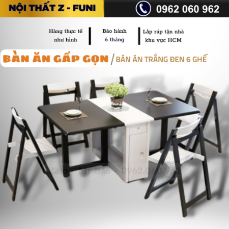 Bộ bàn ăn thông minh 6 ghế gấp gọn gỗ tự nhiên - màu trắng đen - có bánh xe xoay 360 độ