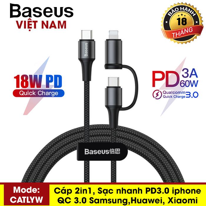 Cáp sạc và truyền dữ liệu 2 trong 1 Baseus (CATLYW) 2in1 sạc nhanh PD3.0 18W cho iphone và  60W Type C to Type C cho Samsung Huawei xiaomi - Phân phối bởi Baseus Vietnam