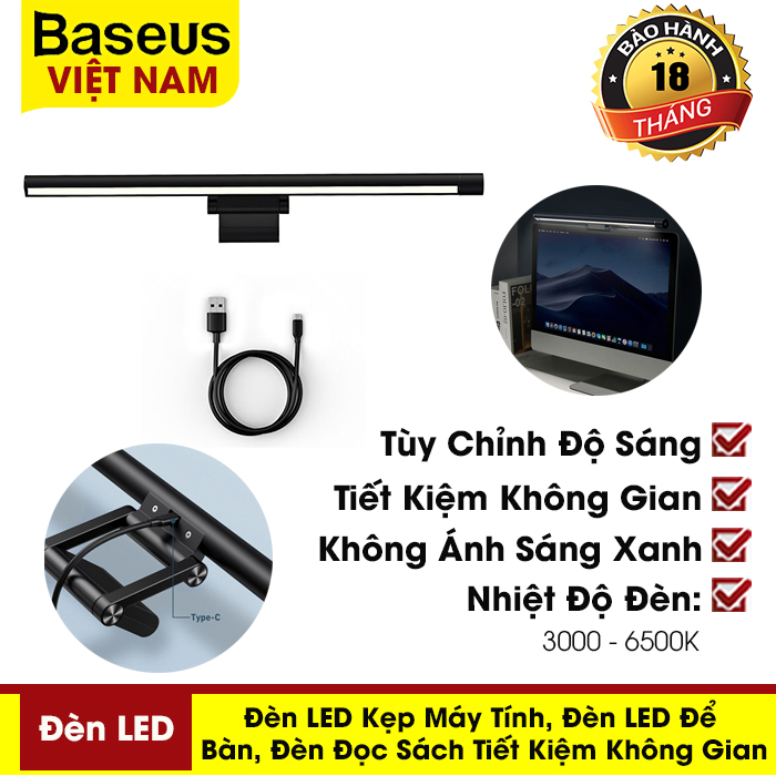 [BẢO HÀNH 18 THÁNG] Đèn chiếu sáng Baseus dùng làm đèn kẹp máy tính, đèn LED để bàn, đèn đọc sách