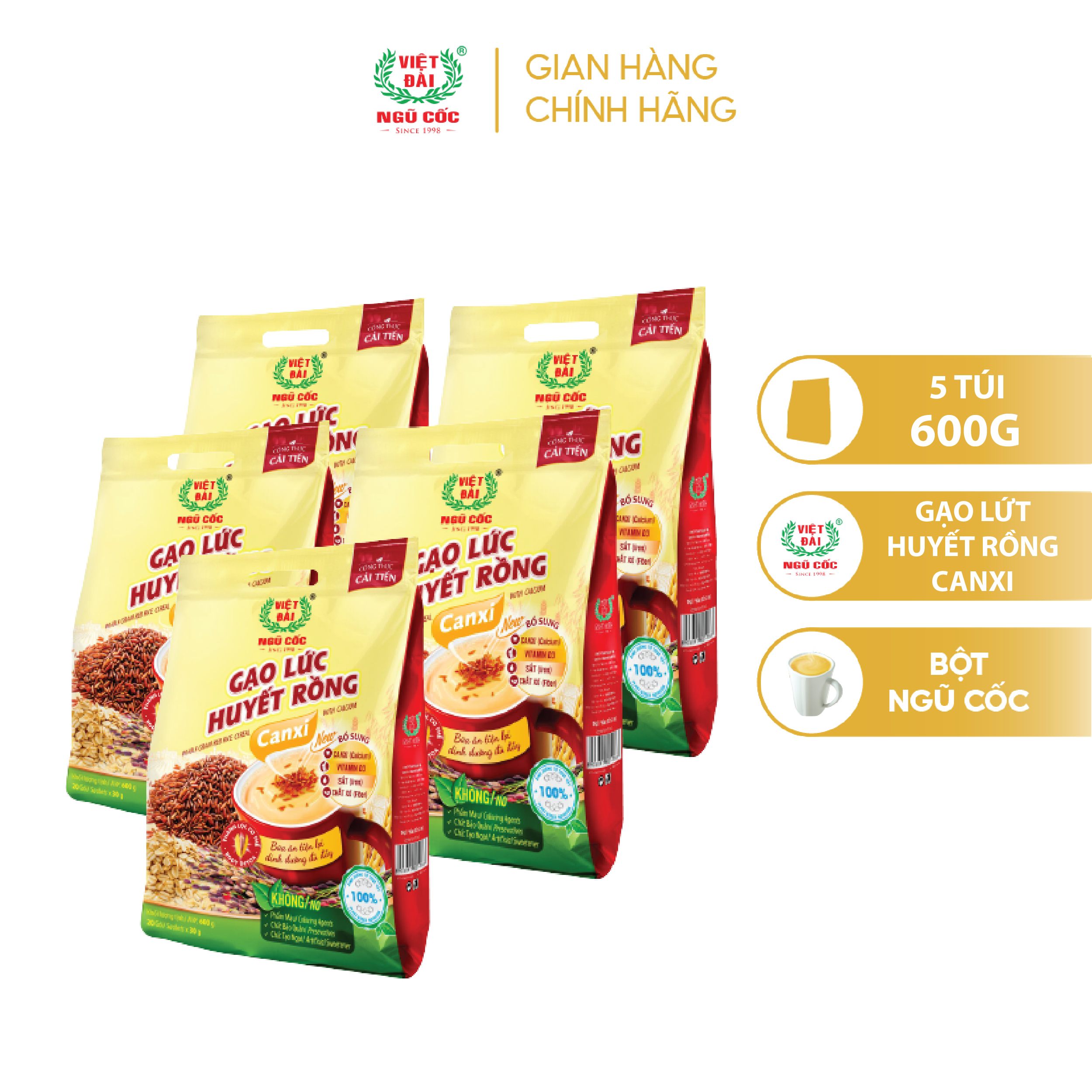  Combo 5 Bột Ngũ Cốc Gạo Lứt Huyết Rồng Canxi VIỆT ĐÀI Thơm Ngon Giúp Thanh Lọc Cơ Thể Túi 600g 