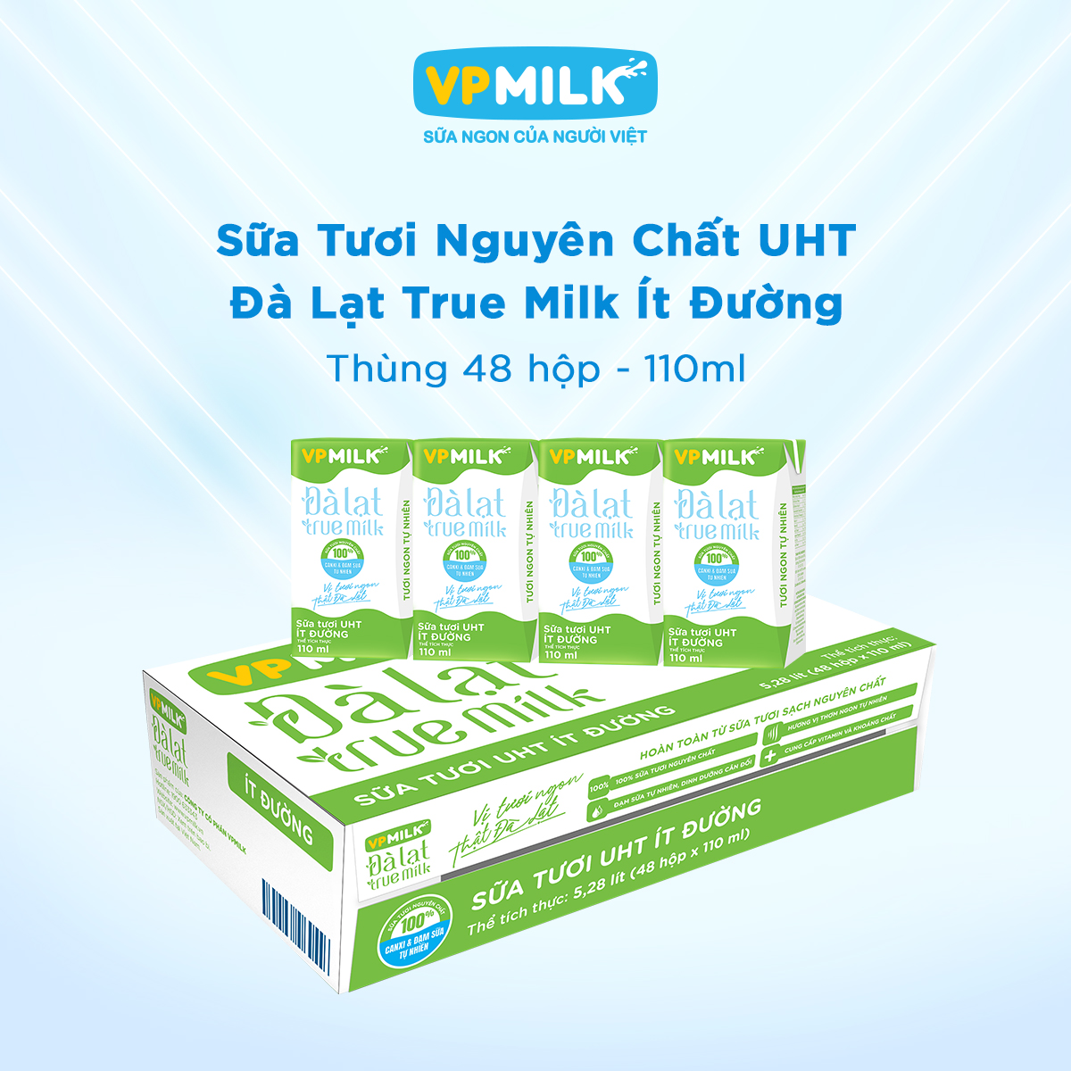 [Thùng 48 hộp 110ml] Sữa Tươi Nguyên Chất UHT Đà Lạt True Milk Ít Đường