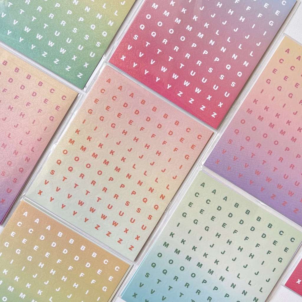 Set 3 tờ sticker alphabet và số ombre trái tim