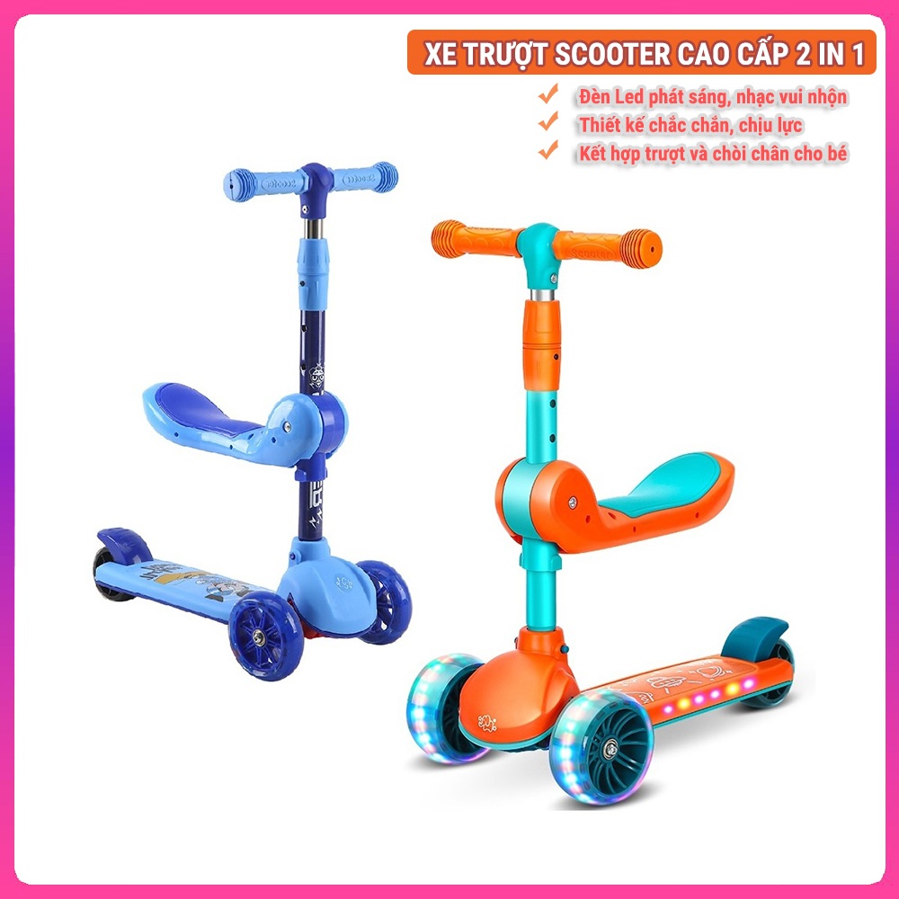 Xe trượt scooter trẻ em cao cấp 816 kết hợp ngồi chòi chân + đèn phát sáng và nhạc vui nhộn, trọng tải lớn dành cho bé 2-10 tuổi