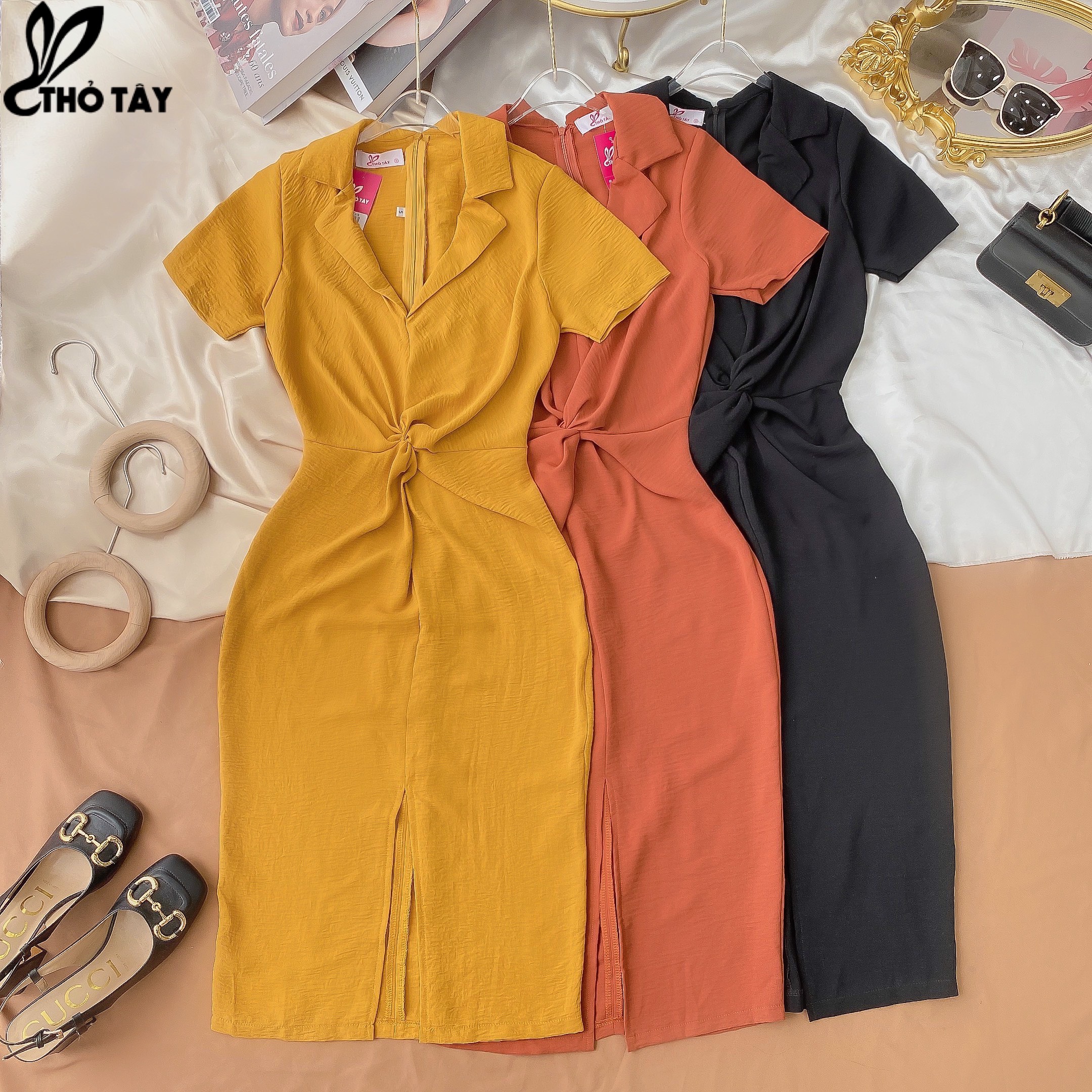 Đầm body nữ cổ vest xoắn eo - thỏ tây d405bx625