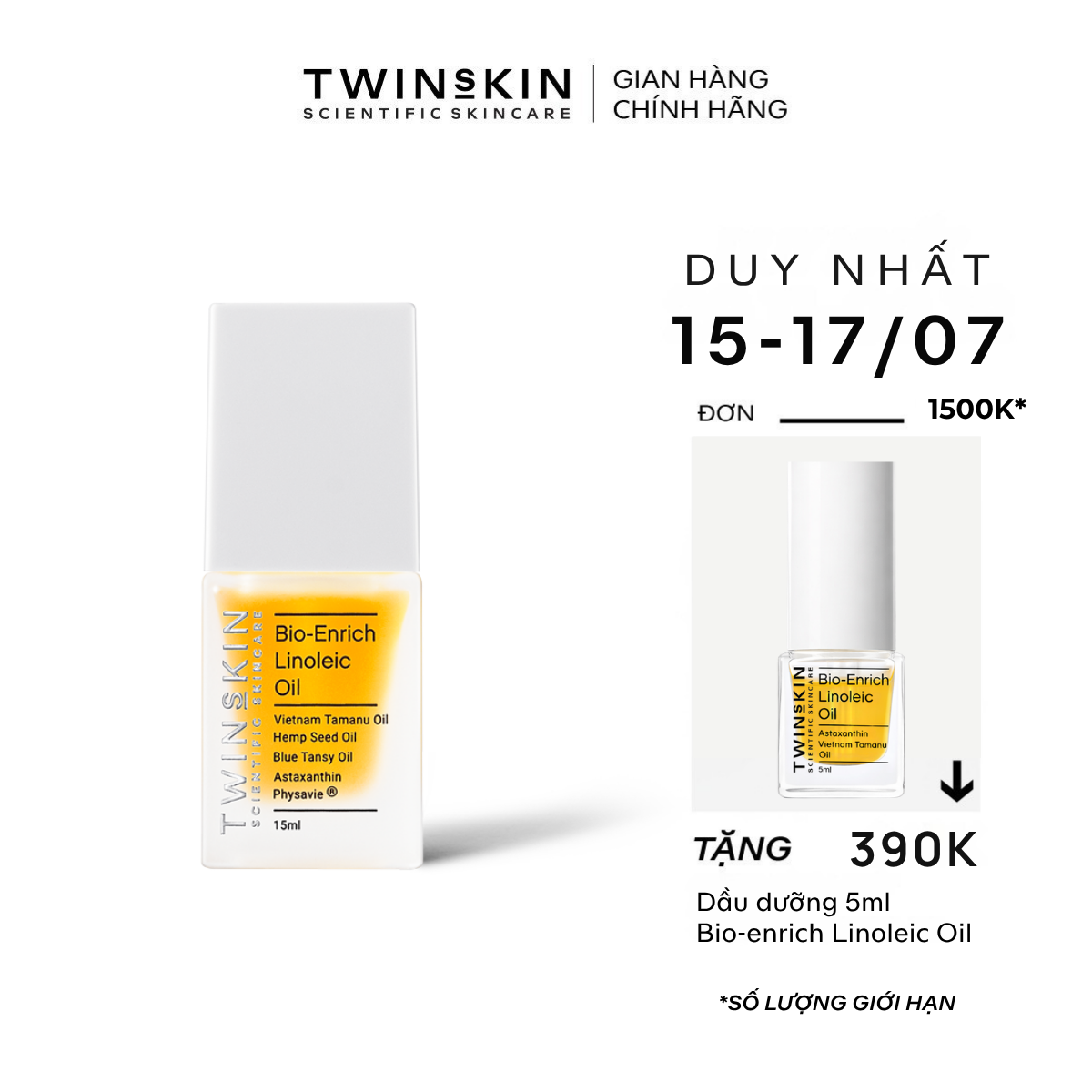 Dầu dưỡng ẩm thoáng nhẹ, cải thiện chất lượng bã nhờn, hỗ trợ giảm viêm, mờ thâm sạm - Bio-enrich Linoleic Acid Oil 5ml và 15ml