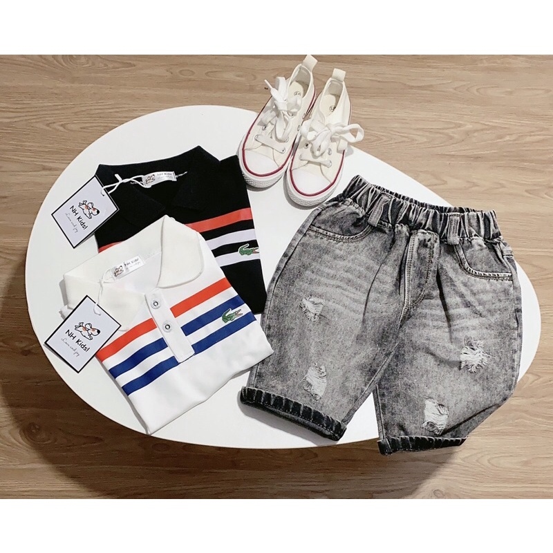 (jean baby) sét bộ áo cộc tay polo phối quần jean đùi rách cao cấp hàng qc cho bé(20-30kg) HOT SALE