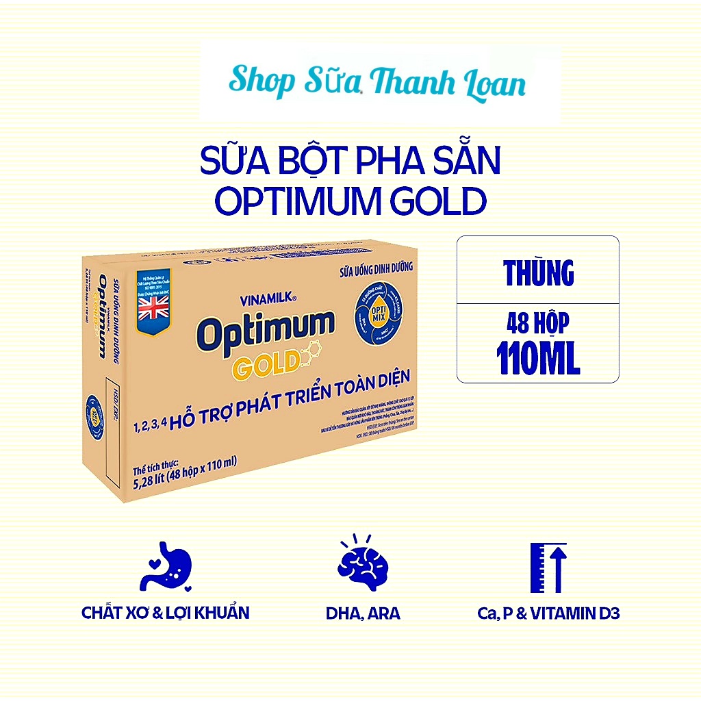 (HSD T2-2025) (Có Thẻ Tích Điểm) THÙNG 48 HỘP SỮA BỘT PHA SẴN OPTIMUM GOLD 110ML.