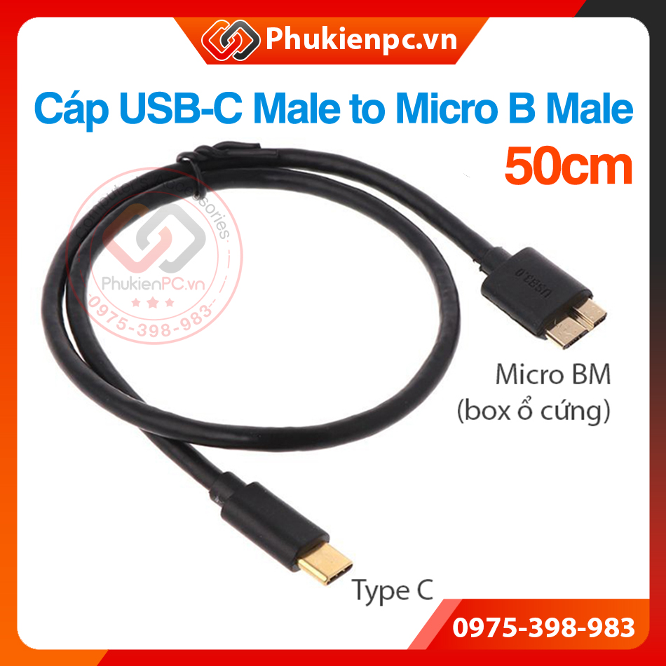 Dây cáp usb type c sang usb 3.0 micro bm dài 50cm.gắn ổ cứng di động, hdd box 2.5, 3.5 vào máy tính laptop, macbook