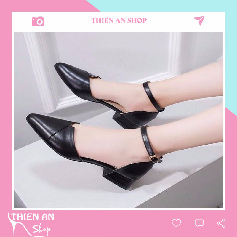 Giày bít gót nữ đế vuông mũi nhọn chât liệu bằng da 3 phân Thiên An