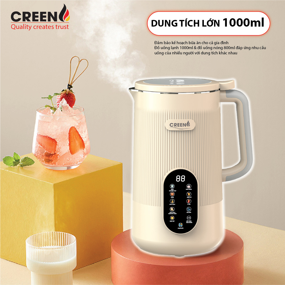 Máy làm sữa hạt creen cr-1000 plus, máy nấu sữa hạt số 1 hiện nay, hot nhất 2023, bảo hành 12 tháng