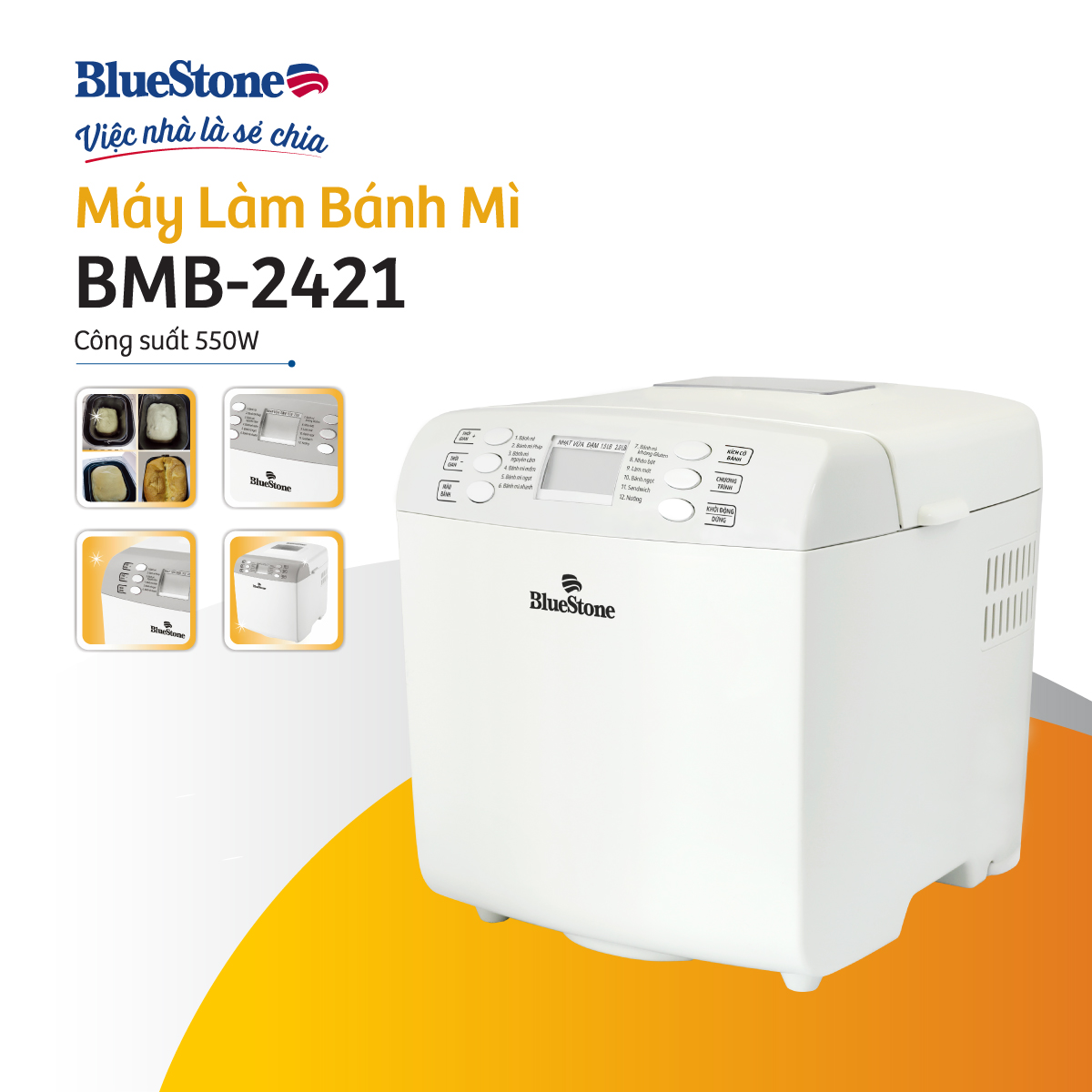 Máy làm bánh mì tự động bluestone bmb-2421 - công suất 550w - 12 chức năng - bảng điều khiển tiếng việt - màn hình lcd - bảo hành 2 năm- hàng chính hãng