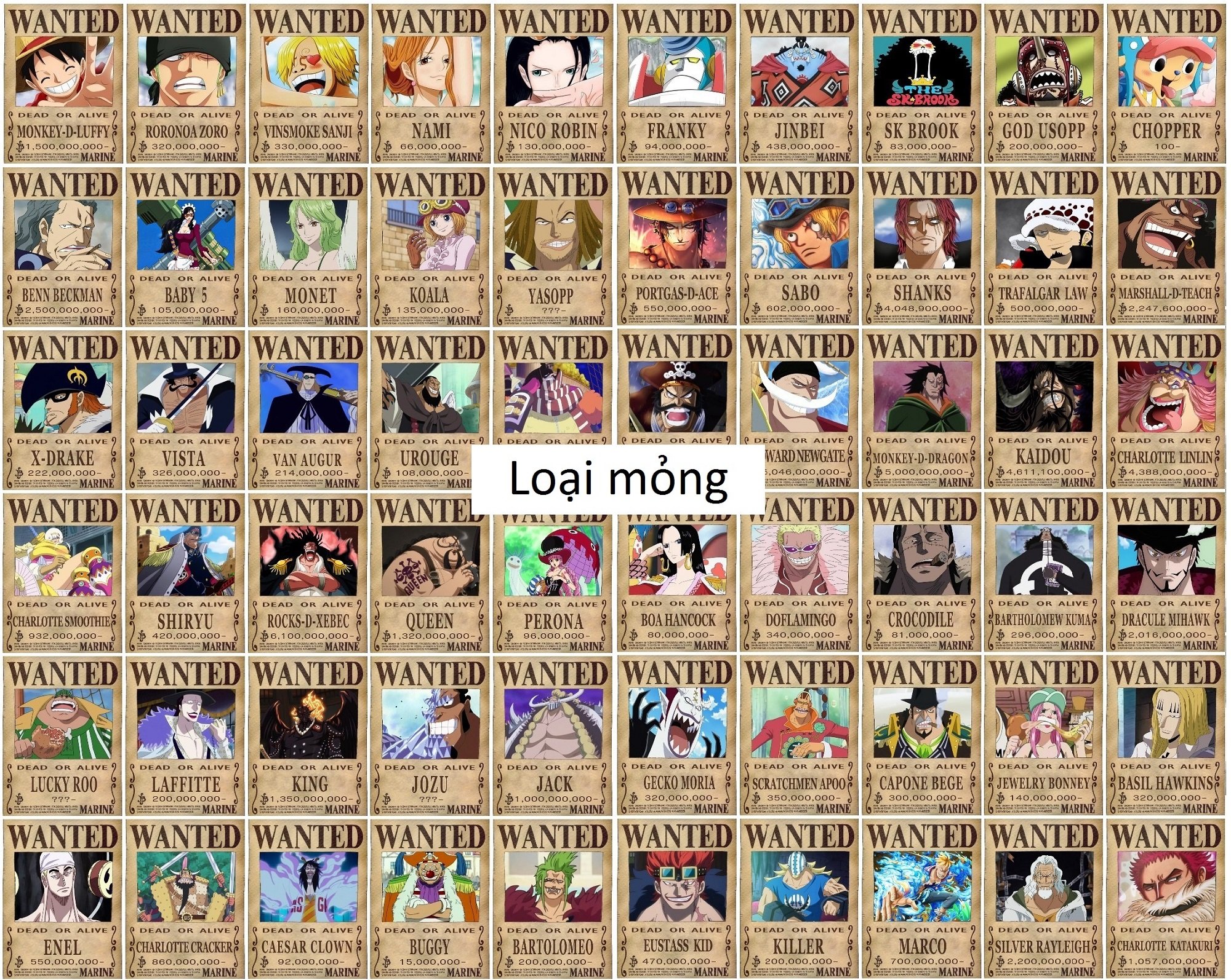 Combo 60 tấm truy nã Onepiece wanted poster loại mỏng chọn size tặng kèm sticker bóc dán